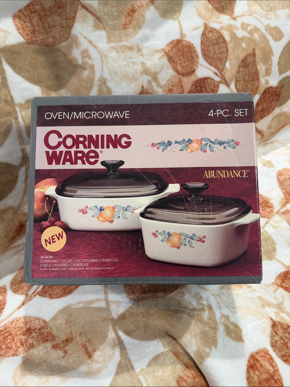 Corningware Cream Casserole Set with Brown Lids and Multicolor Fruit Decal